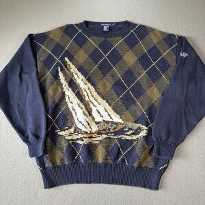 Vintage 90s Nautica Scotland Cup Sailboats Knit Pattern Sweater Men's XL Blue‎